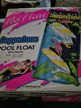 Vintage Coppertone Pool Float with Pillow - Bright Tropical Graphic